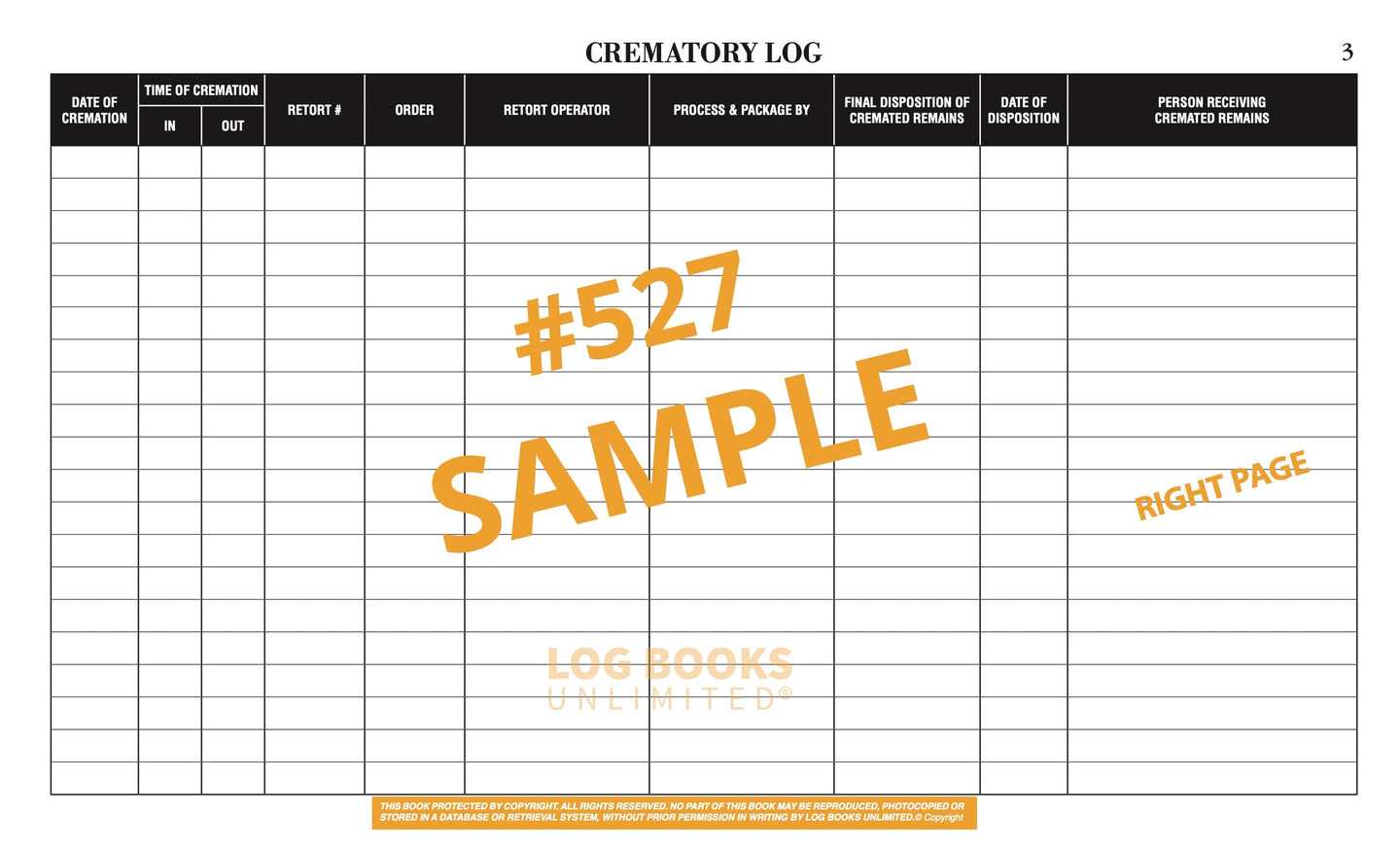 A sample crematory log right page with columns for date and time of cremation, report operator, process details, final disposition, and person receiving remains.